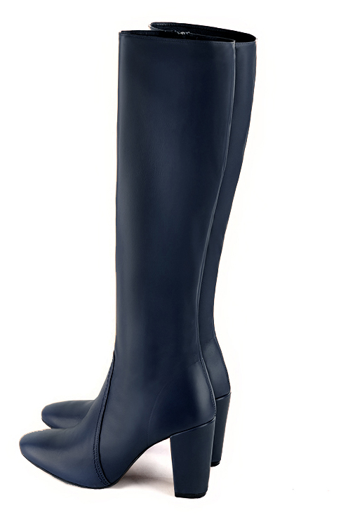 Navy blue women's feminine knee-high boots. Round toe. High block heels. Made to measure. Rear view - Florence KOOIJMAN